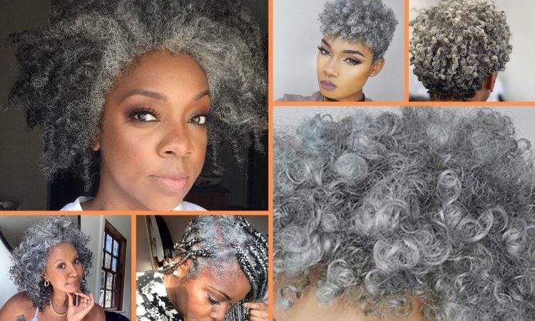 Collage of grey hair women with natural and curly hair