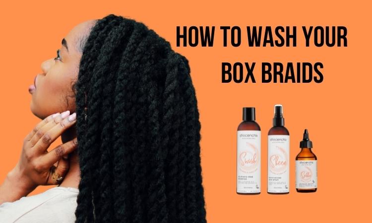 Afrocenchix blog featured image: How to wash your box braids without frizz and water. The Afrocenchix braid care set next to a closeup of young black woman's hair in box braids