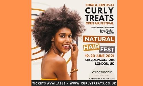 Afrocenchix at Curlytreats UK Fest 2021 promotional image with smiling black woman looking over her shoulder