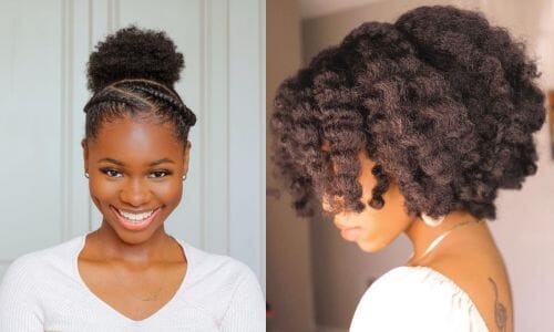 Natural haired woman with half-up space buns against a tanned background holding Afrocenchix