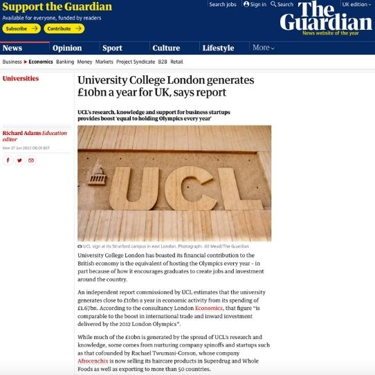 The Guardian – University College London generates £10bn a year for UK, says report
