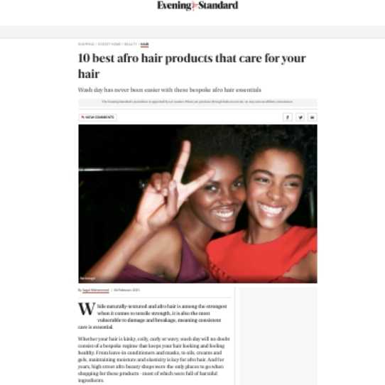 Evening standard article on the 10 afro hair products that care for your hair featuring Afrocenchix