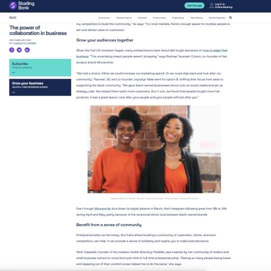 Starling Bank article on the power of business collaboration featuring Afrocenchix