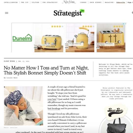 The Strategist article featuring Afrocenchix's Stylish bonnet and how it stays in place even when tossing and turning