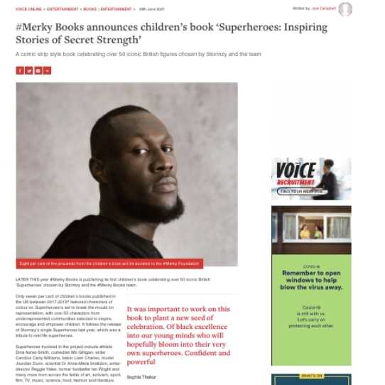 The Voice online Merky Books announces childrens book Superheroes Inspiring Stories of Secret Strength features Rachael Corson and Joycelyn Mate of Afrocenchix in Stormzy's new graphic book for children