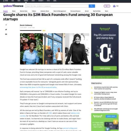 Yahoo Finance Google shares its $2M Black Founders Fund among 30 European startups features Afrocenchix