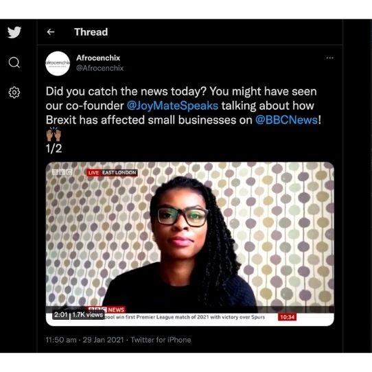BBC interview with Joycelyn Mate of Afrocenchix about how Brexit has affected small businesses 
