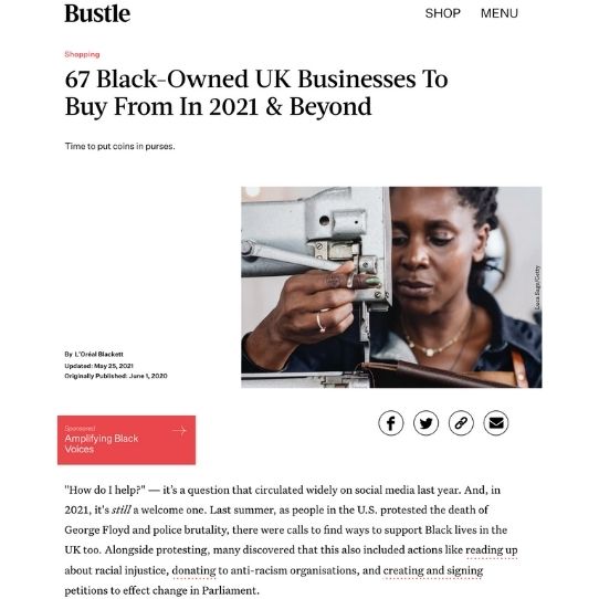 Bustle article on 67 black-owned uk businesses to buy from in 2021 and beyond features Afrocenchix