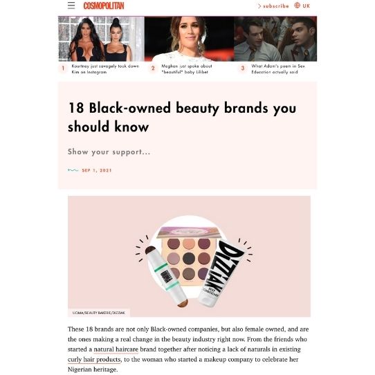 Cosmopolitan article on 18 black-owned beauty brands you should know features Afrocenchix