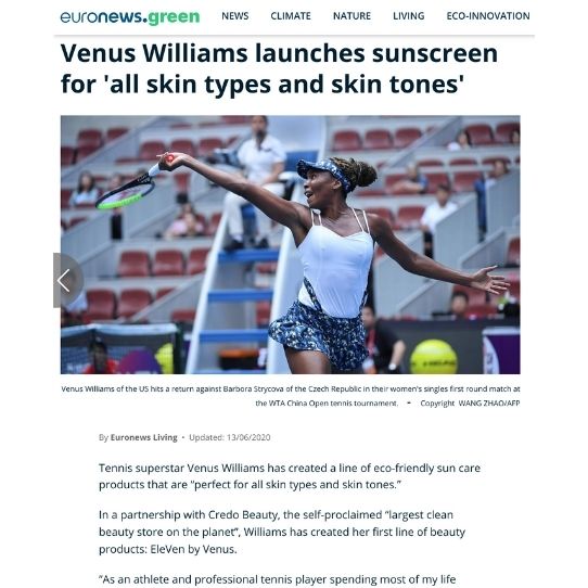 euro news article on Venus Williams launching a sunscreen for all skin types and skin tones features Afrocenchix
