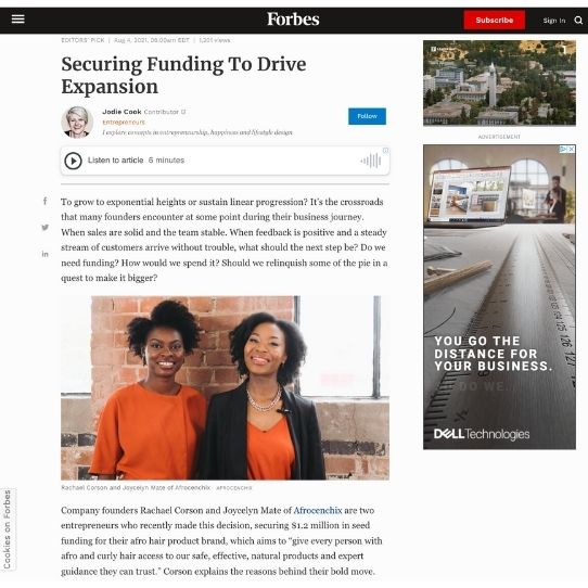 Forbes article on Afrocenchix securing funding to drive expansion