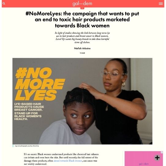 Gal-dem article on a campaign to end toxic hair products marketed towards black women featuring Afrocenchix as a ethical replacement