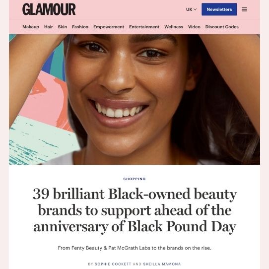 glamour article on 39 black-owned beauty brands to support for black pound day features Afrocenchix