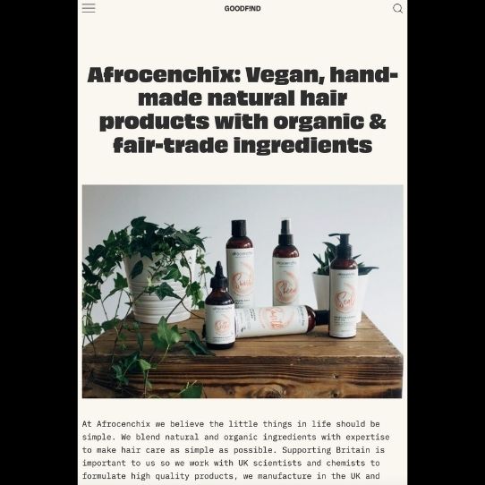 Good find article on Afrocenchix products being vegan, handmade natural and organic made with fair-trade ingredients