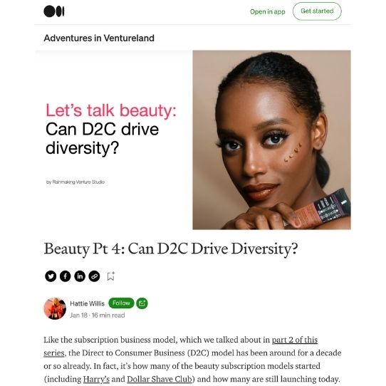 Medium article via Adventures in Ventureland: beauty part 4 - Can D2C Drive Diversity? featuring Afrocenchix