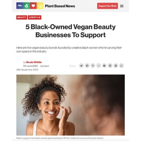 Plant Based News article naming 5 Black-owned vegan beauty businesses to support featuring Afrocenchix