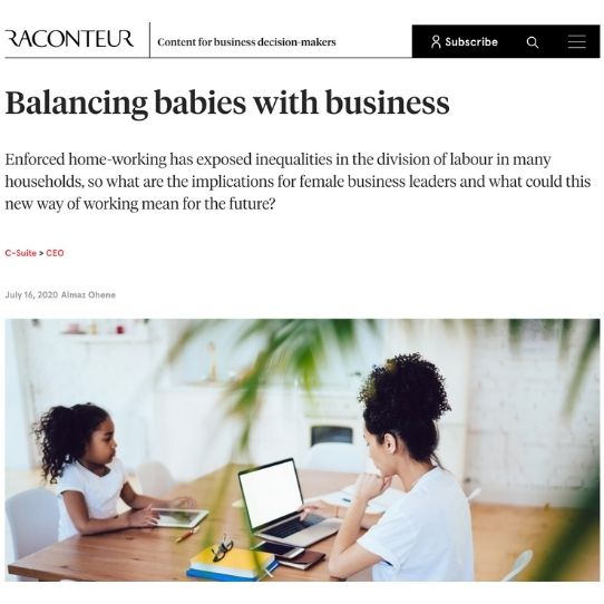 Raconteur article discussing balancing babies with business features Rachael Corson of Afrocenchix