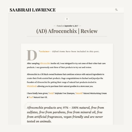 Saabirah Lawrence article on her Afrocenchix review