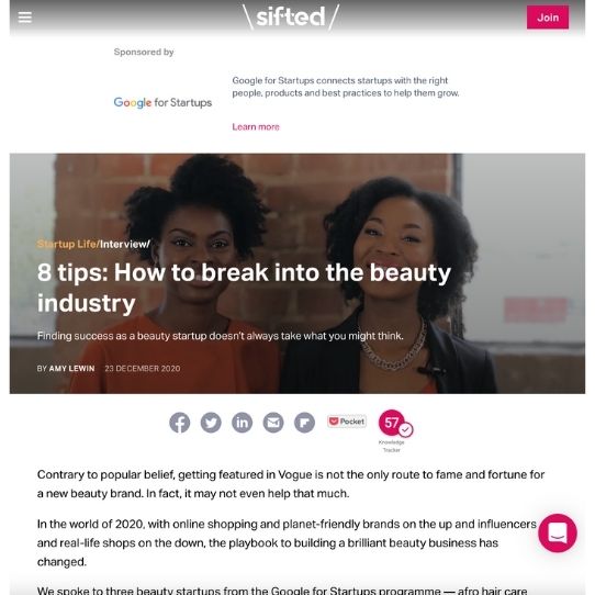 Sifted article with 8 tips: how to break into the beauty industry featuring Afrocenchix