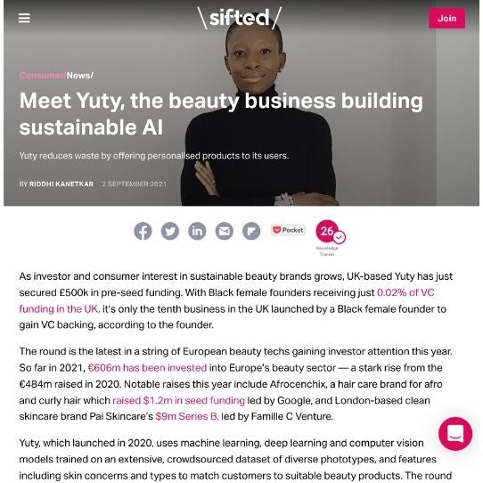 Sifted article about Meeting Yuty, the beauty business building sustainable ai featuring Afrocenchix