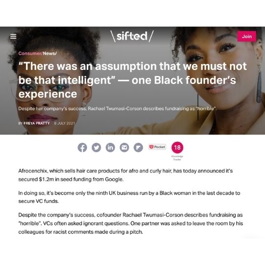 Sifted article "There was an assumption that we must not be that intelligent" - one Black founder's experience featuring Rachael Corson and Afrocenchix