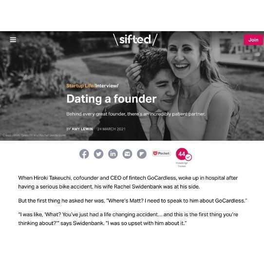 Sifted article on Dating a Founder featuring Rachael Corson co-founder of Afrocenchix and her husband Jack 