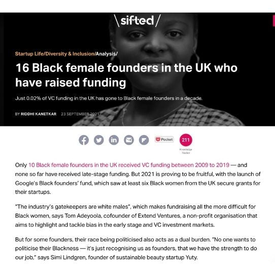 Sifted article on the 16 Black female founders in the uk who have raised funding featuring Afrocenchix and Rachael Corson and Joycelyn Mate