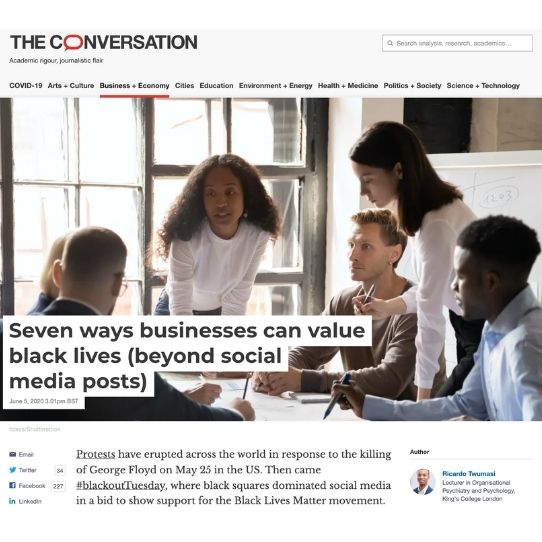 The Conversation article exploring Seven ways business can value black lives beyond social media posts featuring Afrocenchix