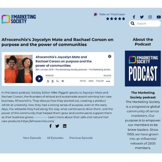 The Marketing Society article with Afrocenchix's Joycelyn Mate and Rachael Corson on the purpose and the power of communities featuring Afrocenchix