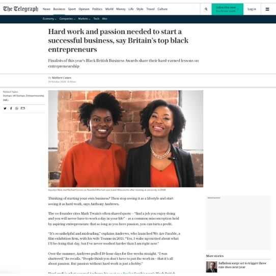 The Telegraph article on the Hard work and passion needed to start a successful business, say britian's top black entrepreneurs featuring Afrocenchix