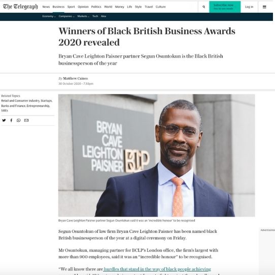 The Telegraph article introducing the winners of black British business awards revealed featuring Afrocenchix