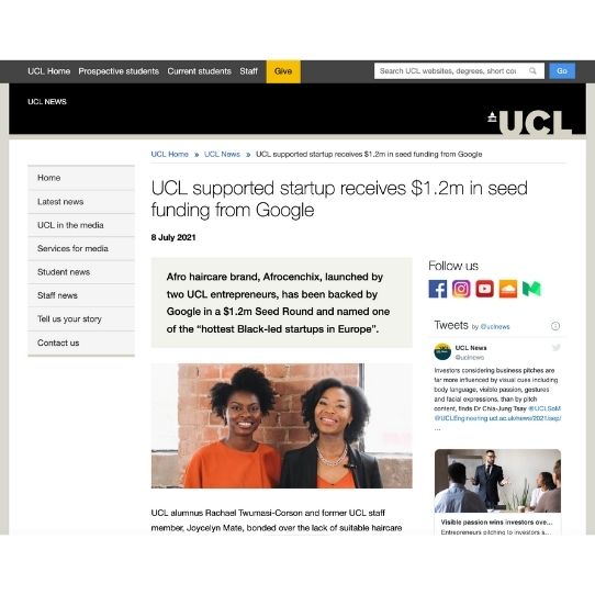 UCL News article of UCL supported startup receives $1.2m in seed funding from google featuring Afrocenchix