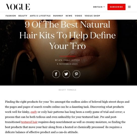 Vogue article of 9 of the best natural hair kits to help define your 'fro featuring Afrocenchix