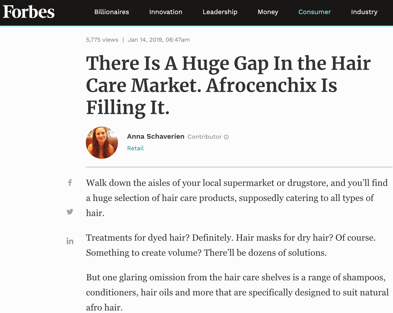 Forbes article on how Afrocenchix is filling and bridging the gap between hair care products and education in the wider market as well as society