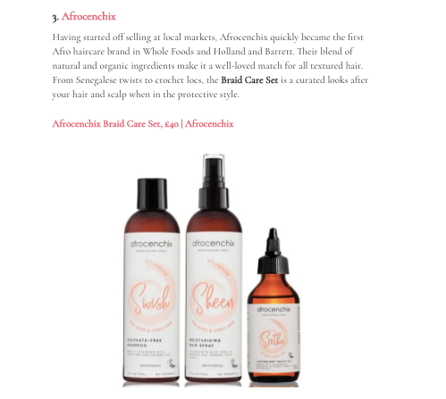 Marie Claire article on the best brands that know how to care for afro and natural textured hair featuring Afrocenchix