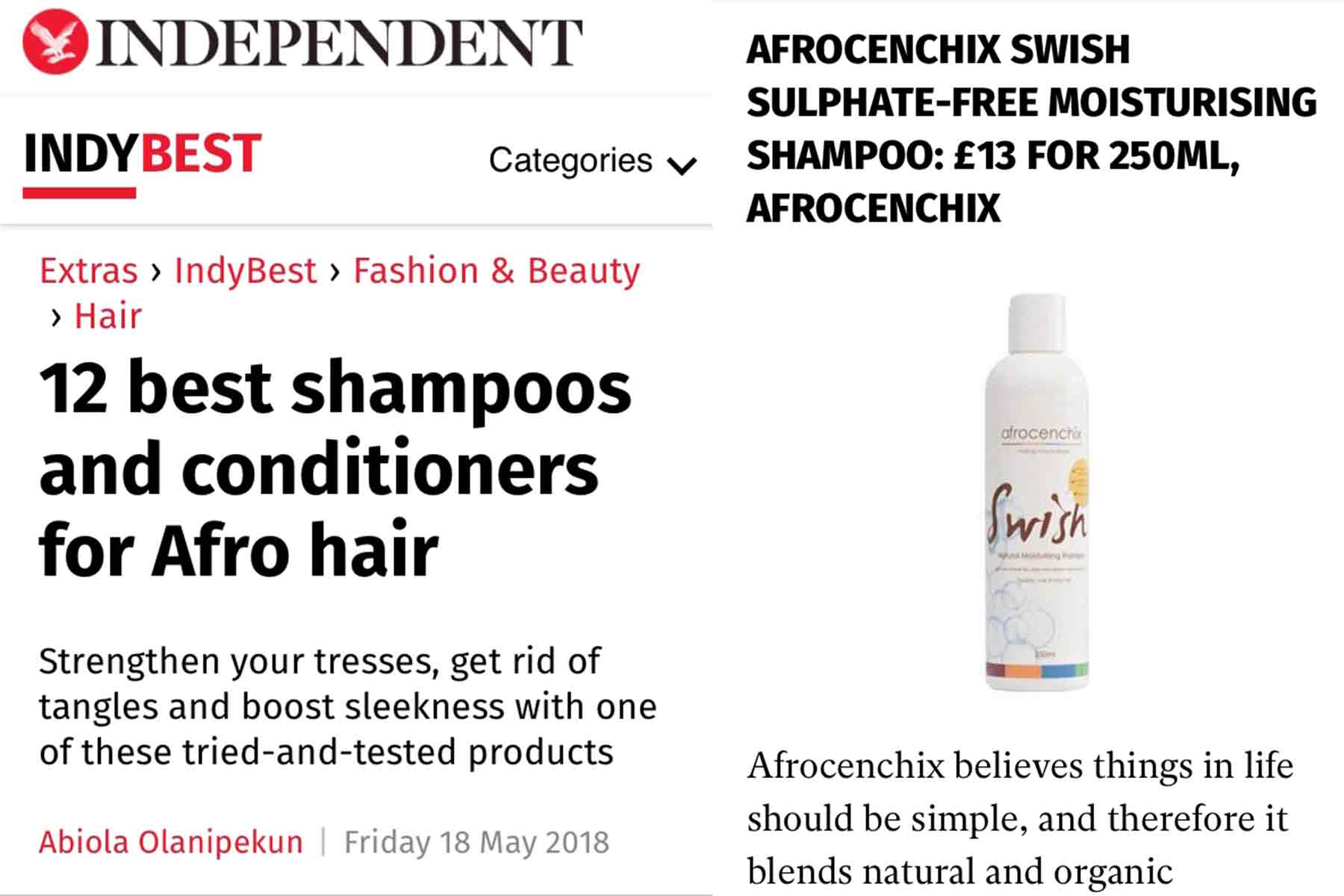 Independent article on the 12 best shampoos and conditioners for afro hair features Afrocenchix swish